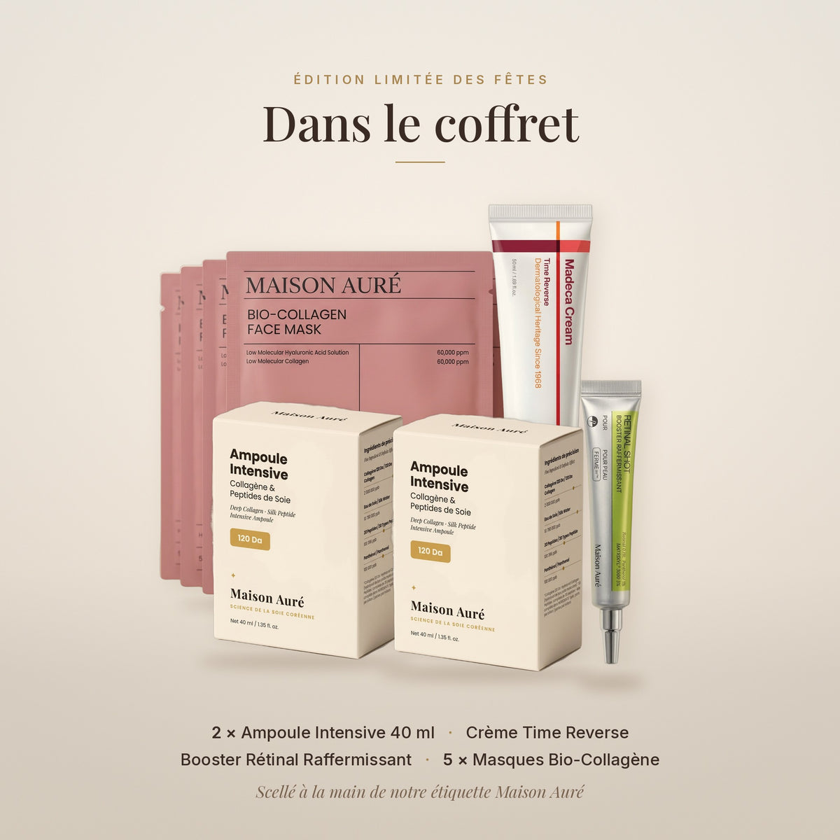 Contenu du coffret : 2 Ampoules Intensives, Crème Time Reverse, Booster Rétinal, 5 Masques Bio-Collagène