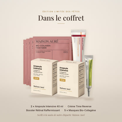Contenu du coffret : 2 Ampoules Intensives, Crème Time Reverse, Booster Rétinal, 5 Masques Bio-Collagène
