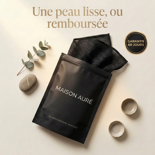 Serviette exfoliante japonaise Maison Auré — une peau lisse ou remboursée, garantie 60 jours