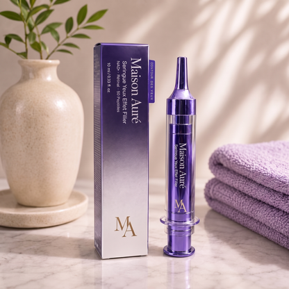 Seringue Yeux Effet Filler Maison Auré — tube seringue violet à piston, crème contour des yeux NAD+, rétinal et 50 peptides
