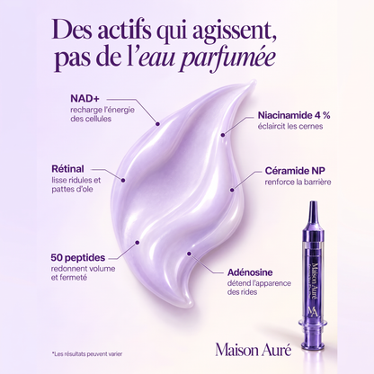 Actifs de la Seringue Yeux Maison Auré : NAD+, rétinal, 50 peptides, niacinamide, céramide NP, adénosine