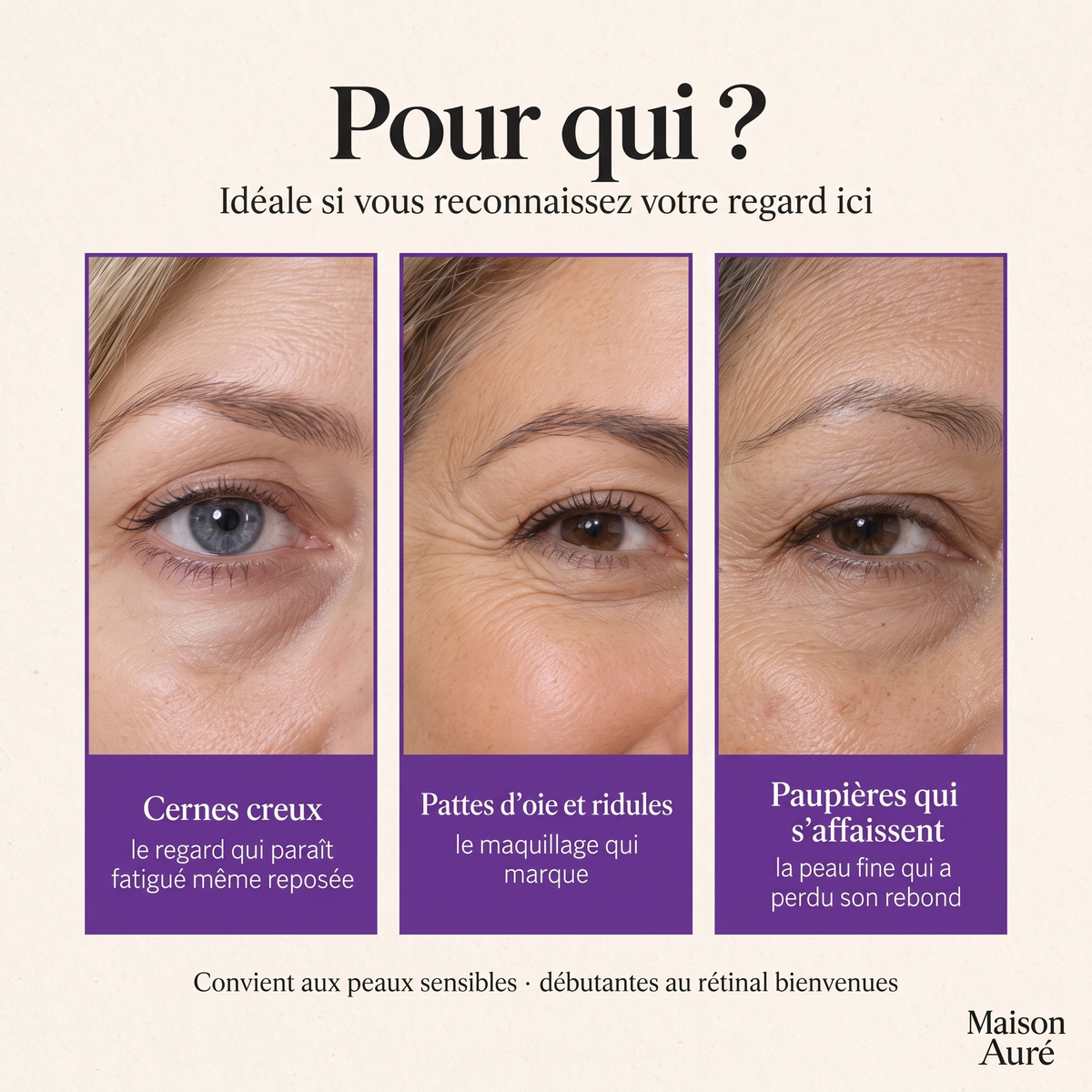 Pour qui : cernes creux, pattes d'oie, paupières qui s'affaissent — Seringue Yeux Maison Auré