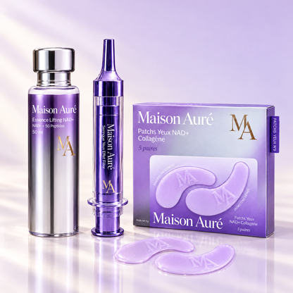 Protocole Complet Maison Auré : Seringue Yeux Effet Filler, Patchs Yeux NAD+ Collagène (5 paires) et Essence Lifting NAD+ 50 ml