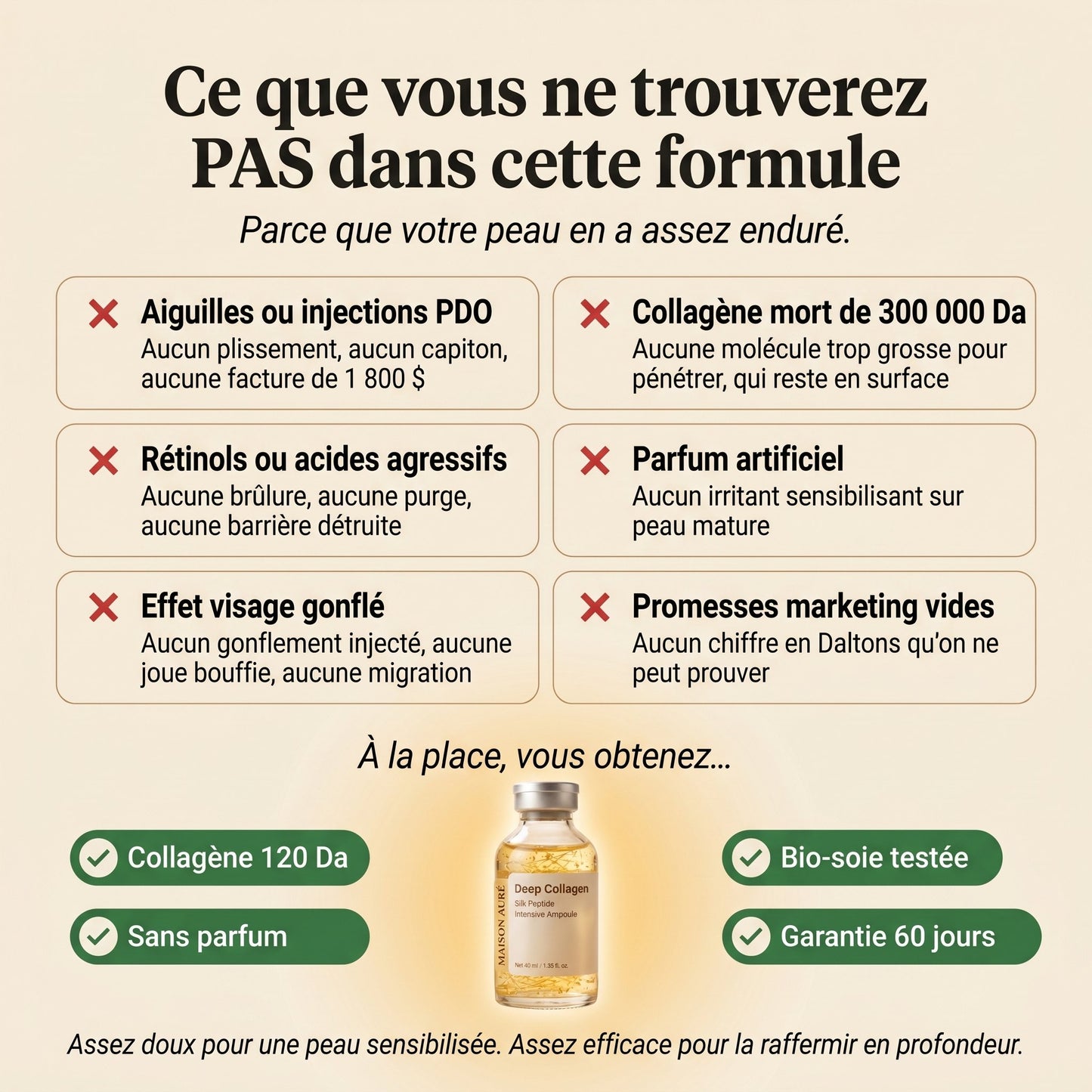 Ce que la formule ne contient pas, sans aiguilles ni rétinols agressifs