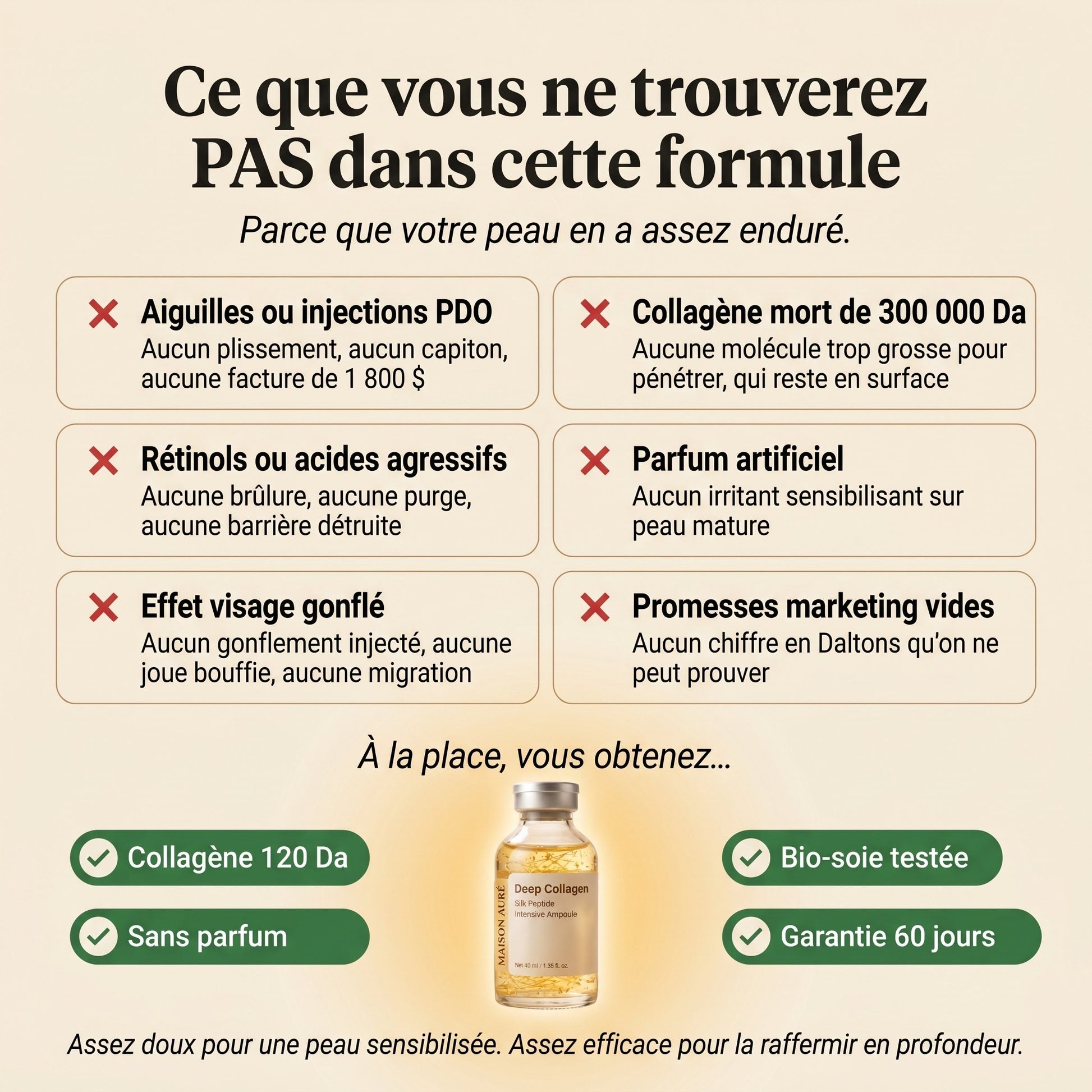 Ce que la formule ne contient pas, sans aiguilles ni rétinols agressifs