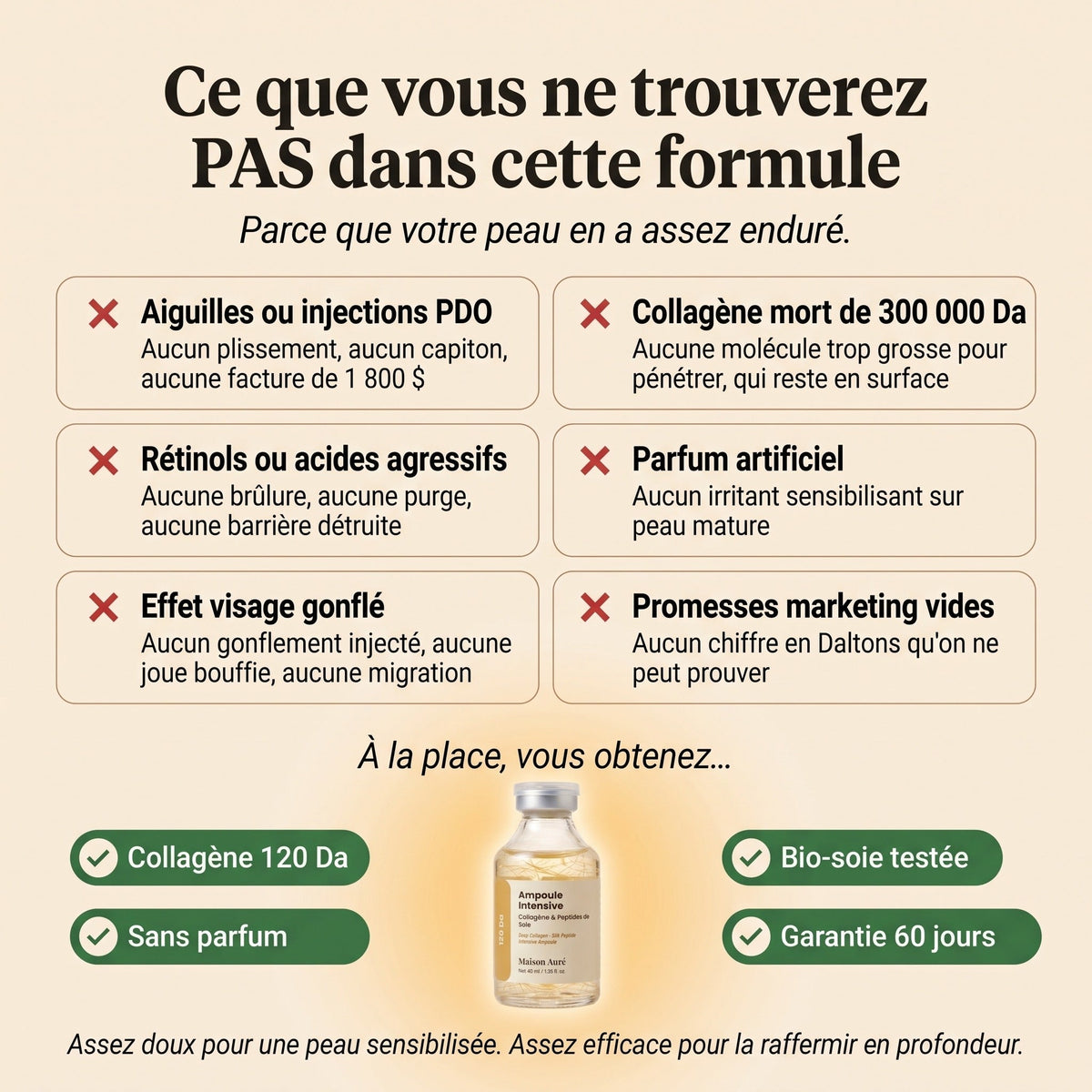 Ce que la formule ne contient pas, sans aiguilles ni rétinols agressifs