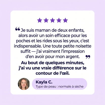 Témoignage cliente 5 étoiles — vraie différence sur le contour de l'œil en quelques minutes