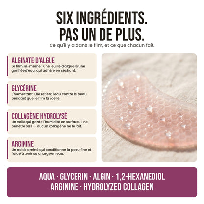 Six ingrédients, pas un de plus : alginate d'algue, glycérine, collagène hydrolysé, arginine