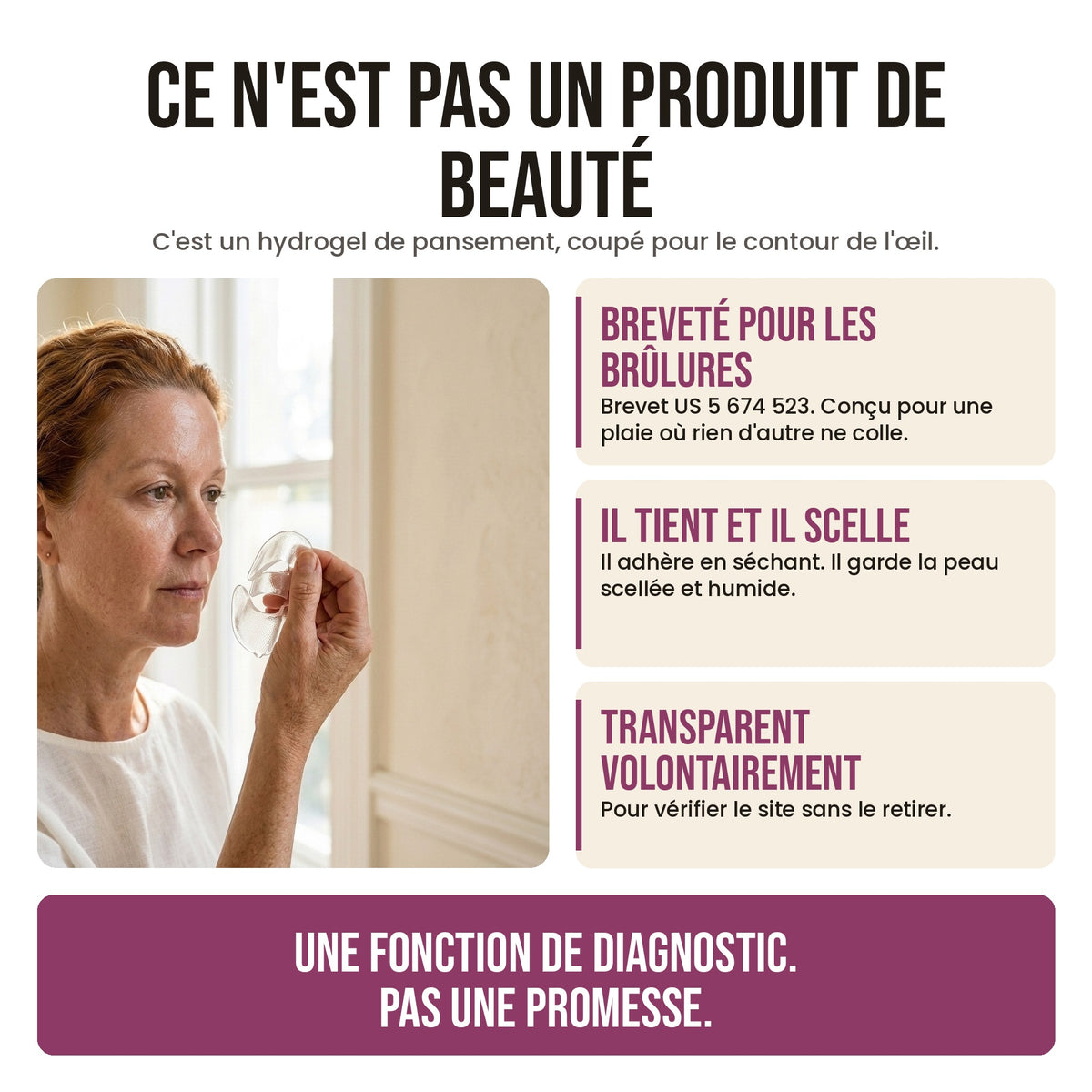 Ce n'est pas un produit de beauté : hydrogel de pansement, breveté pour les brûlures, transparent volontairement